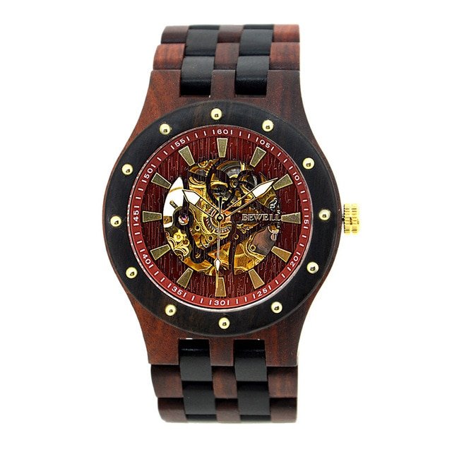 BEWELL Wood Watch Top Luxury Automatic hollow mechanical watch Men Watches Vintage Business Male's Wristwatches - Image 2