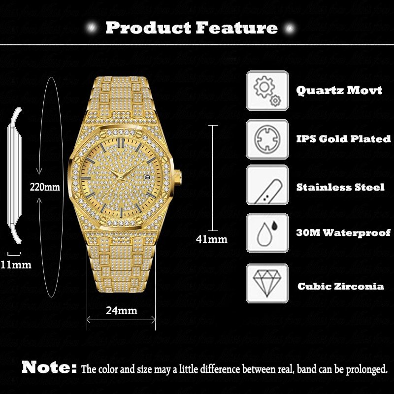 Missfox V294 18K Gold Watch Men Luxury Brand Diamond Mens Watches Top Brand Luxury FF Iced Out Male Quartz Watch Calender Unique Gift For Men - Image 3