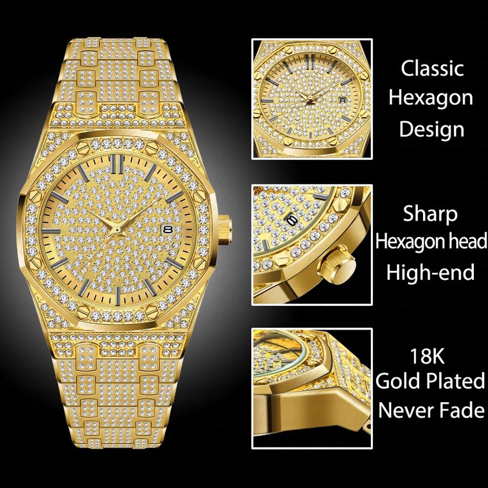 Missfox V294 18K Gold Watch Men Luxury Brand Diamond Mens Watches Top Brand Luxury FF Iced Out Male Quartz Watch Calender Unique Gift For Men - Image 2