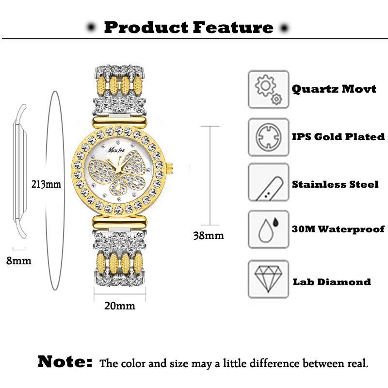 MISSFOX 2030 Butterfly Women Watches Luxury Brand Big Diamond 18K Gold Watch Waterproof Special Bracelet Expensive Ladies Wrist Watch - Image 2