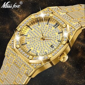 Missfox V294 18K Gold Watch Men Luxury Brand Diamond Mens Watches Top Brand Luxury FF Iced Out Male Quartz Watch Calender Unique Gift For Men