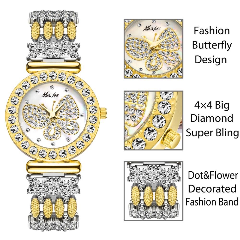MISSFOX 2030 Butterfly Women Watches Luxury Brand Big Diamond 18K Gold Watch Waterproof Special Bracelet Expensive Ladies Wrist Watch - Image 3