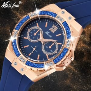 MISSFOX  2593 Women's Watches Chronograph Rose Gold Sport Watch Ladies Diamond Blue Rubber Band Xfcs Analog Female Quartz Wristwatch