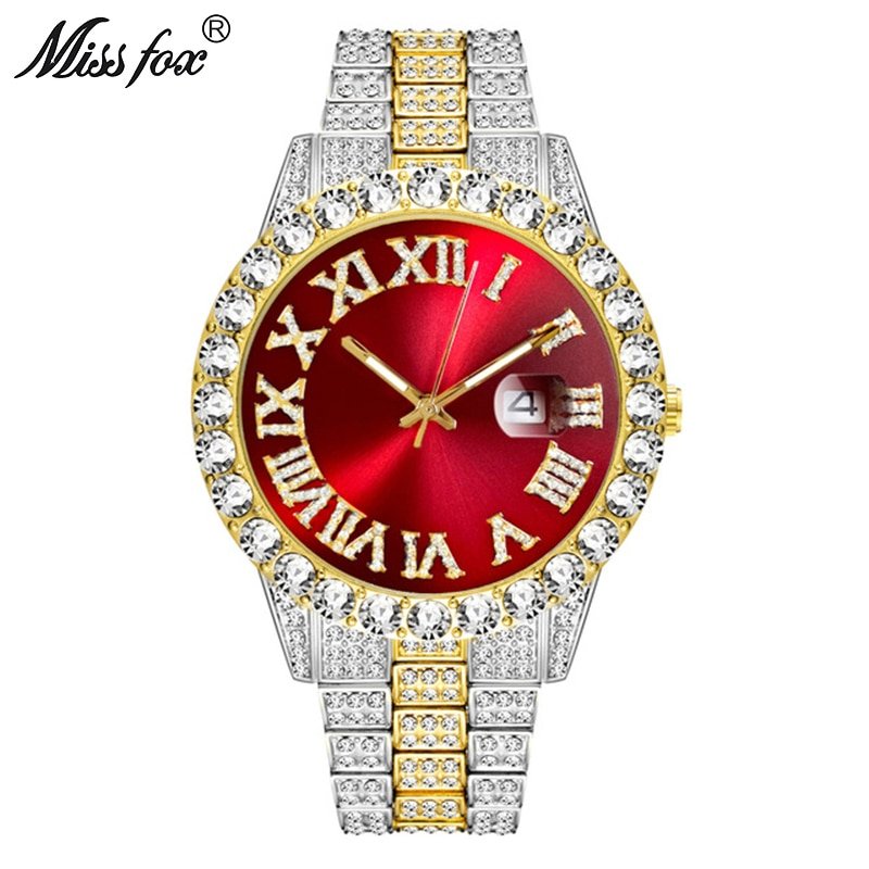 MISSFOX 2643Re Men's Watches Modern Diamond Waterproof Red Watch Men Top Brand Luxury 18k Gold Man Watch Analog Quartz Watch Men - Image 8