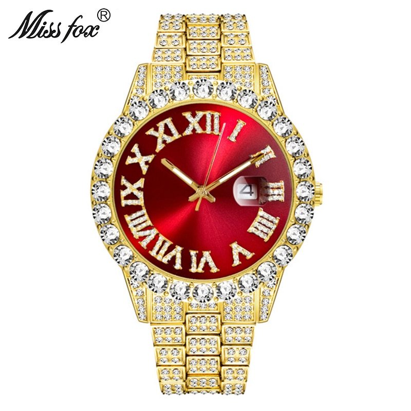 MISSFOX 2643Re Men's Watches Modern Diamond Waterproof Red Watch Men Top Brand Luxury 18k Gold Man Watch Analog Quartz Watch Men - Image 7