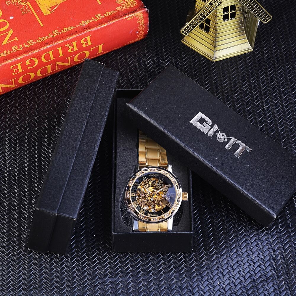 Winner Golden Watches Classic Rhinestone Clock Roman Analog Male Skeleton Clocks Mechanical Stainless Steel Band Luminous Watch - Image 6