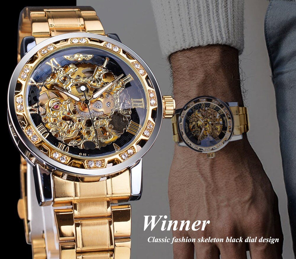 Winner Golden Watches Classic Rhinestone Clock Roman Analog Male Skeleton Clocks Mechanical Stainless Steel Band Luminous Watch - Image 3