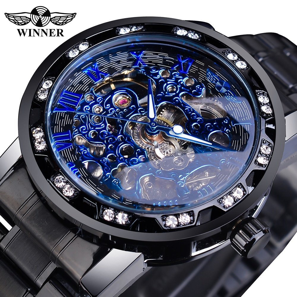 Winner Golden Watches Classic Rhinestone Clock Roman Analog Male Skeleton Clocks Mechanical Stainless Steel Band Luminous Watch - Image 11