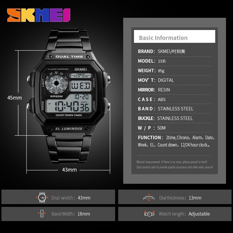 SKMEI 1335 Business Men Watches Waterproof Sport Watch Stainless Steel Digital Wristwatches Clock Relogio Masculino Erkek Kol Saati - Image 2