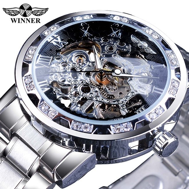Winner Golden Watches Classic Rhinestone Clock Roman Analog Male Skeleton Clocks Mechanical Stainless Steel Band Luminous Watch - Image 7