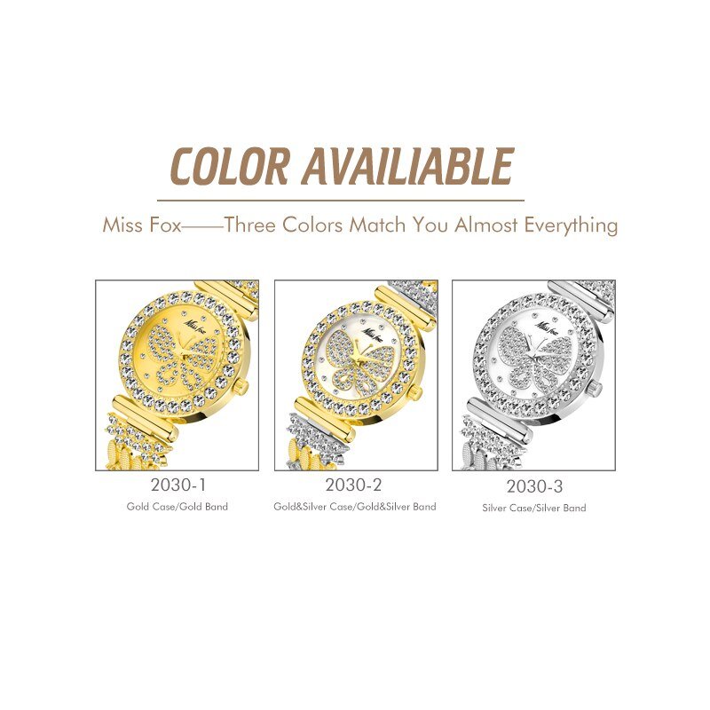 MISSFOX 2030 Butterfly Women Watches Luxury Brand Big Diamond 18K Gold Watch Waterproof Special Bracelet Expensive Ladies Wrist Watch - Image 5