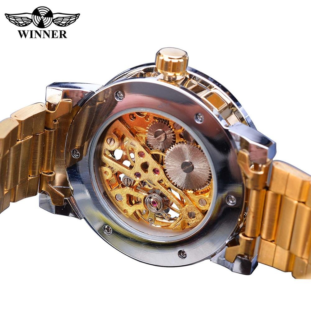 Winner Golden Watches Classic Rhinestone Clock Roman Analog Male Skeleton Clocks Mechanical Stainless Steel Band Luminous Watch - Image 4