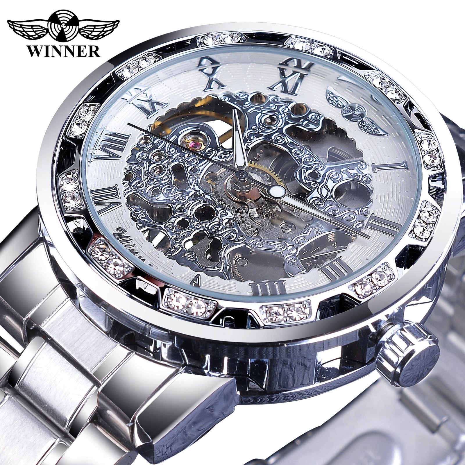 Winner Golden Watches Classic Rhinestone Clock Roman Analog Male Skeleton Clocks Mechanical Stainless Steel Band Luminous Watch - Image 12