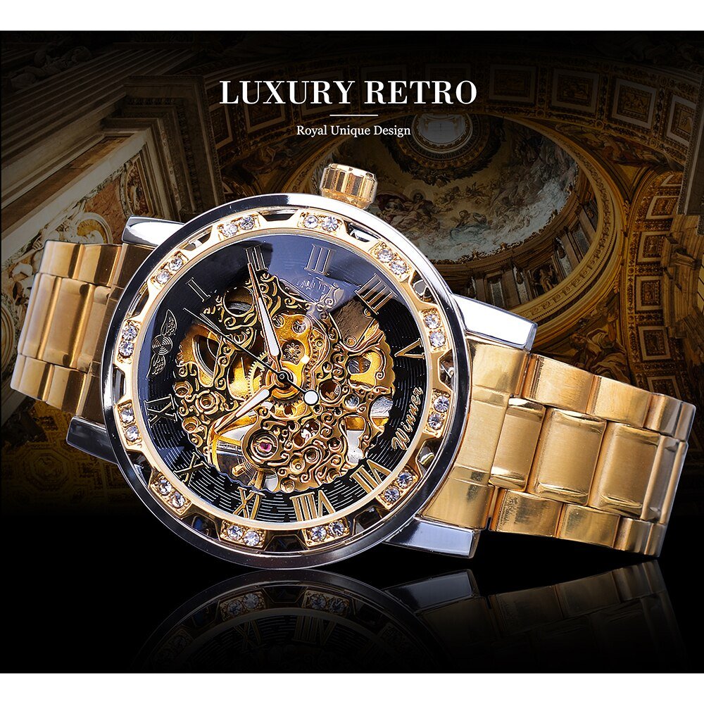 Winner Golden Watches Classic Rhinestone Clock Roman Analog Male Skeleton Clocks Mechanical Stainless Steel Band Luminous Watch - Image 2