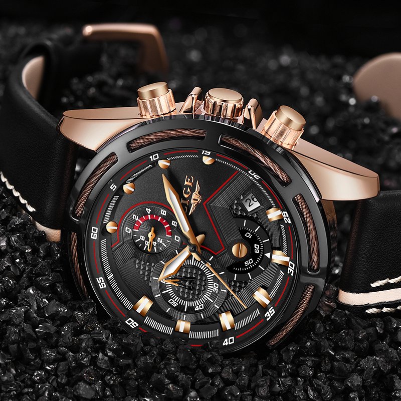 LIGE Watch Men Sport Quartz Clock Leather Mens Watches Top Brand Luxury Gold Waterproof Business Watch - Image 3