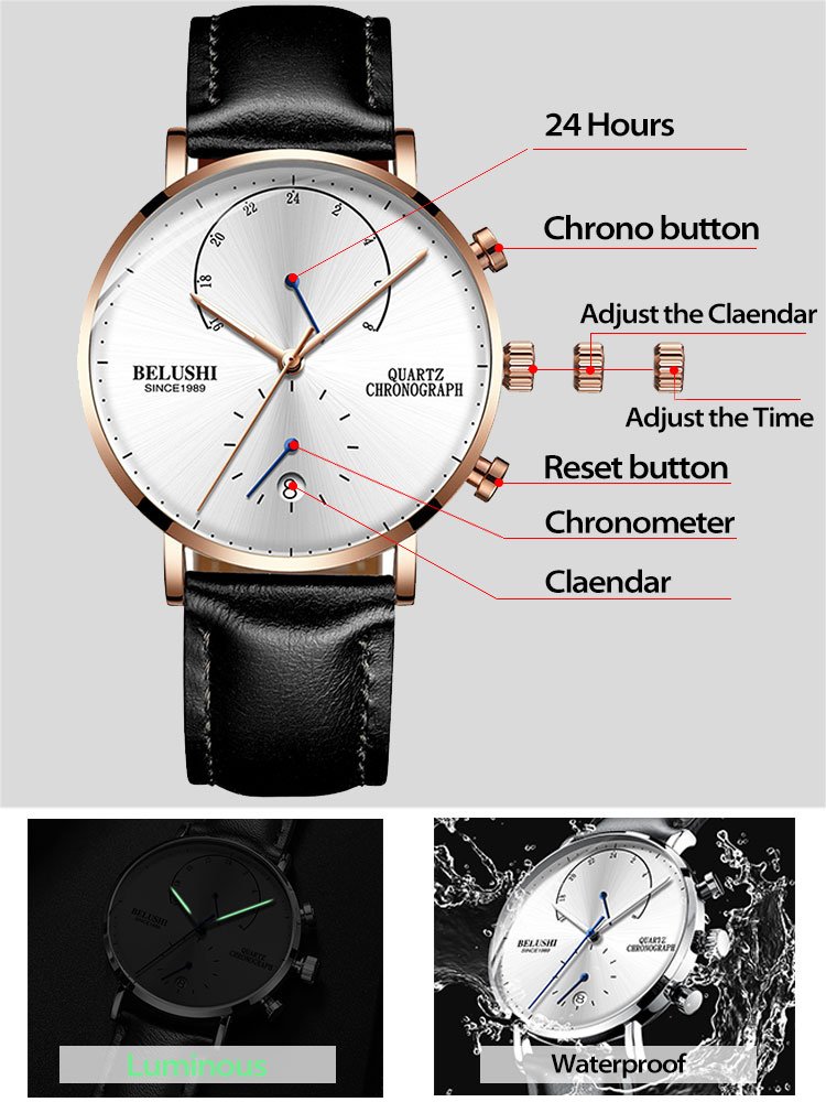 Quartz Watch Men Watches Modern Chronograph Men Watch Leather Strap Watches Man Imitation Luxury Belushi 537 Men'S Sports Watch