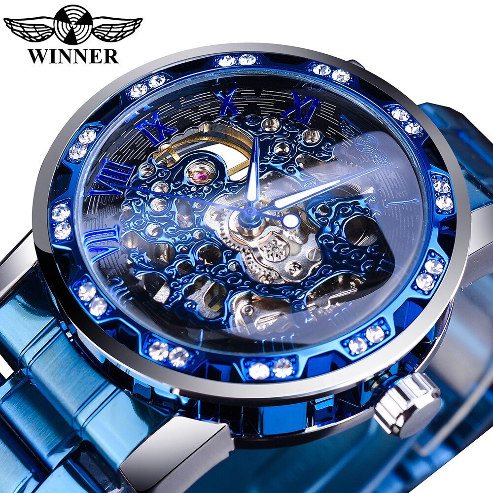 Winner Golden Watches Classic Rhinestone Clock Roman Analog Male Skeleton Clocks Mechanical Stainless Steel Band Luminous Watch - Image 9