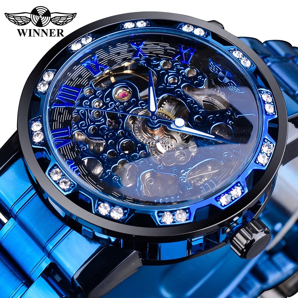 Winner Golden Watches Classic Rhinestone Clock Roman Analog Male Skeleton Clocks Mechanical Stainless Steel Band Luminous Watch - Image 10