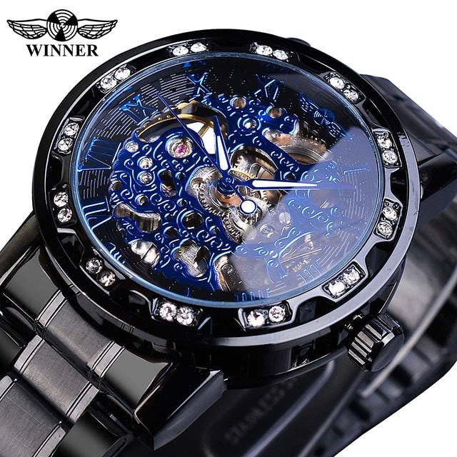 Winner Golden Watches Classic Rhinestone Clock Roman Analog Male Skeleton Clocks Mechanical Stainless Steel Band Luminous Watch - Image 8