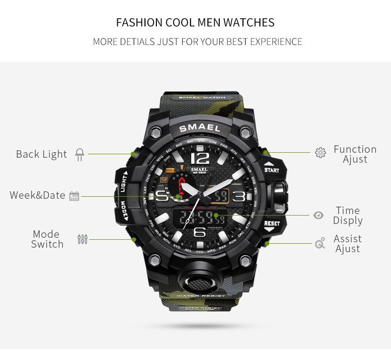 SMAEL Fashion Sport Watch Men Alarm Clock Camouflage Waterproof Week Display Men Watches Digital Watch relogio masculino 1545B - Image 3